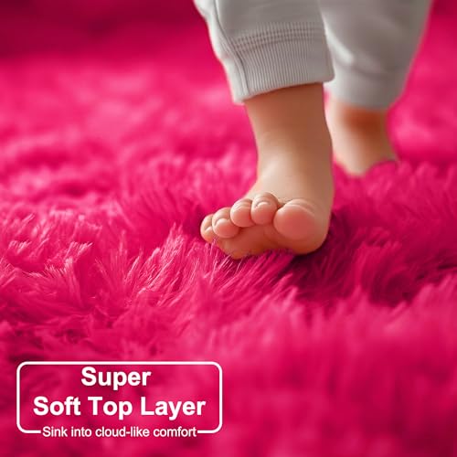 Hot Pink Fluffy Round Rug 4Ft for Girls Bedroom Kids Room Nursery (Hot Pink / 4' (Round))