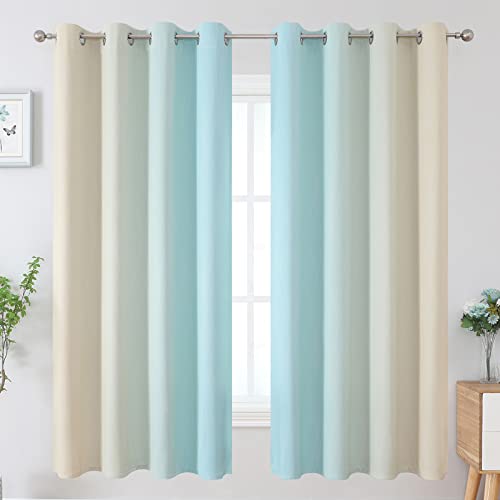 Aqua and Beige Ombre Blackout Curtains for Bedroom 63 Inch (Beige and Aqua / 52"W x 63"L (Pack of 2))