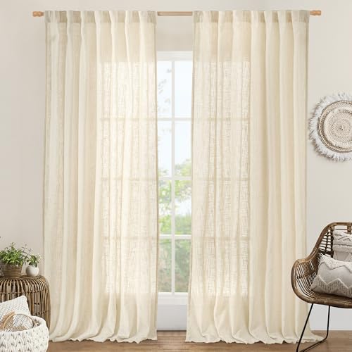 95 Inch Long Semi Sheer Linen Curtains for Living Room 2 Panels Set (Beige / 60"W x 95"L (Pack of 2))