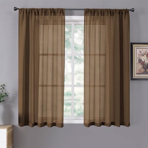 Short Sheer Curtains Linen Textured Bedroom Curtain Sheers Light Filtering Rod Pocket Voile Curtains for Living Room (54"W x 45"L (Pack of 2) / Brown)