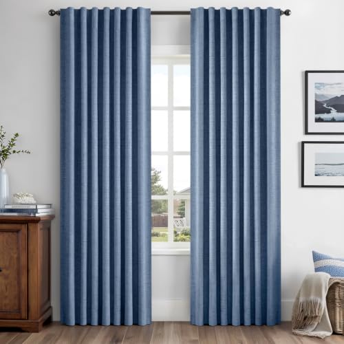 100% Blackout Linen Curtains for Bedroom 42 x 63 Inch Blue 2 Panels (Blue / 42"W x 63"L (Pack of 2))