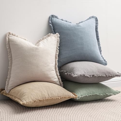 Boho Linen Fringe Decorative Throw Pillow Covers Light Blue 18x18 (18" x 18" (Pack of 2) / Light Blue)