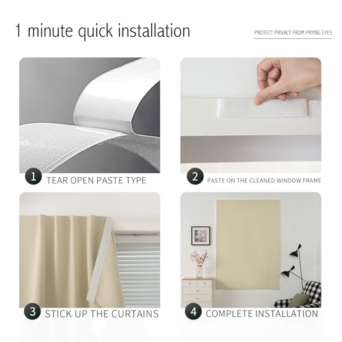 Self Adhesive Portable Blackout Curtains for Bedroom Easy to Install Window Thermal Lnsulated Kitchen Room Darkening Small Window Curtains (47"W x 96"L (Pack of 1) / Beige)