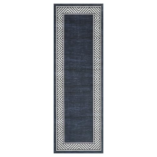 Washable Hallway Rug 2x6 Narrow Modern Bordered Floor Runner (Navy / 2' x 6' (Rectangular))
