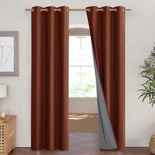 100% Absolutely Blackout Linen Curtains with Thermal Insulated Liner (42"W x 84"L (Pack of 2) / Burnt Orange)