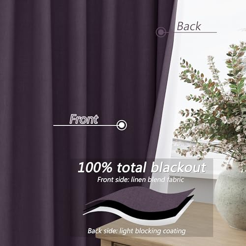 100% Blackout Curtains 102 Inch Length 2 Panels Set for Living Room Bedroom Back Tab Thermal Insulated Black Out Linen Drapes Room Darkening Window Curtains 102 Inches Long (Plum / 52"W x 102"L (Pack of 2))