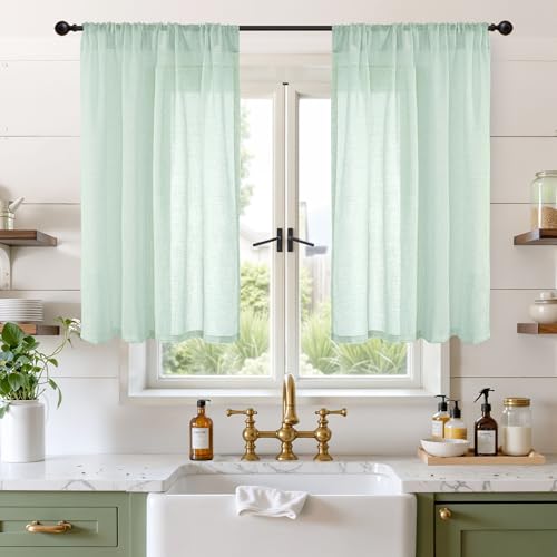 Light Green Linen Curtains 40 Inches Long (Sage Green / 42"W x 40"L (Pack of 2))