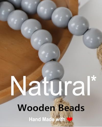 Boho Decor Wood Beads Garland Farmhouse Wall Hanging Decorations Natural Wooden Bead Tassel Decorative for Coffee Table Christmas and Prayer (Grey / 58")