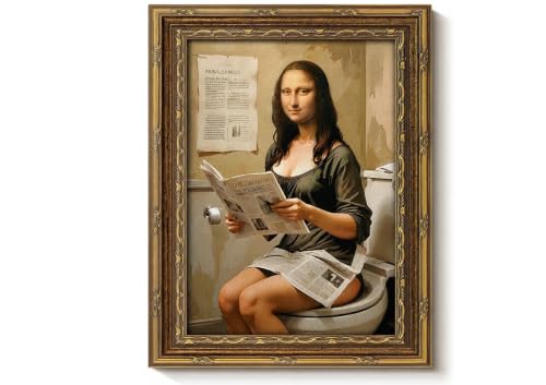 Vintage Gold Framed Funny Bathroom Mona Lisa Canvas Wall Art 9x11in (Mona Lisa Bathroom / 11"L x 9"W)
