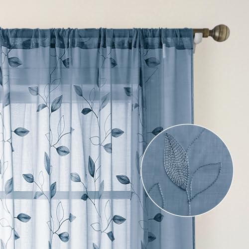 Stone Blue Sheer Curtains Floral Embroidered (52"W x 84"L (Pack of 2) / Stone Blue)