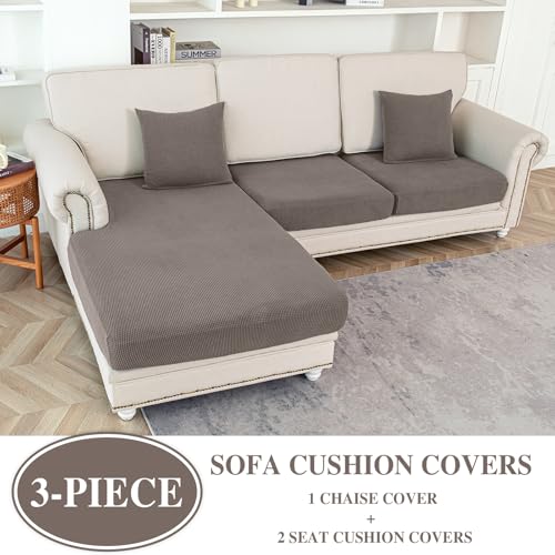 Couch Cushion Covers for Sectional Sofa L Shape Washable Separate Seat Chaise Couch Cover Stretch Sofa Slipcovers with 2 Pcs Pillowcases (Taupe / Seat Only: 2 Seat + 1 Chaise)