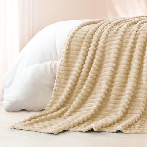 Striped King Size Fleece Blanket for Bed (Beige / King ( 90x104 IN ))