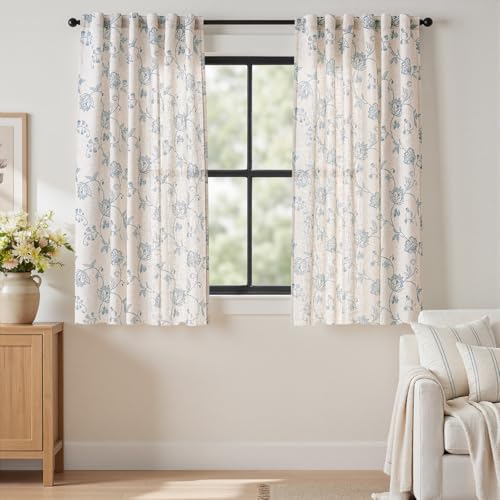 Blue Floral Linen Curtains 63 Inch Vintage Back Tab 2 Panels (Floral Blue / 50"W x 63"L (Pack of 2))