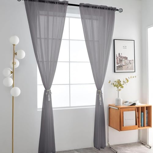 Grey Sheer Curtains 4 Panels Rod Pocket Semi (Grey / 52"W x 63"L (Pack of 4))