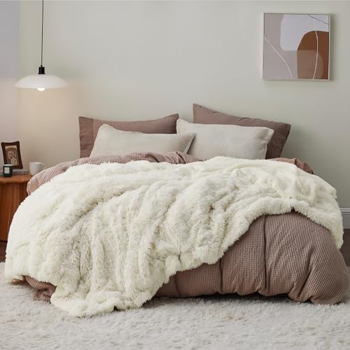 Faux Fur Fluffy Sherpa Fleece King Bed Blanket Cream 108"x90" (02- Cream / King (108" X 90"))