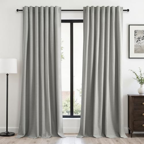 Grey Linen Blackout Curtains 95 Inch Long 2 Panels Back Tab Thermal Insulated Light Blocking Curtain for Living Room 100% Black Out Drape for Bedroom Neutral Rustic Farmhouse 52x95 Length Frost Grey (Frost Grey / 52"W x 95"L (Pack of 2))