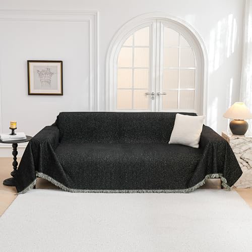 Couch Cover for Dogs Washable Couch Covers Couch Covers for Sofa Couch Cover 2 Cushion Sofa Non Slip Dogs Furniture Protector with Tassels Chenille Sofa Covers for Pets (71" x 102" / Black)