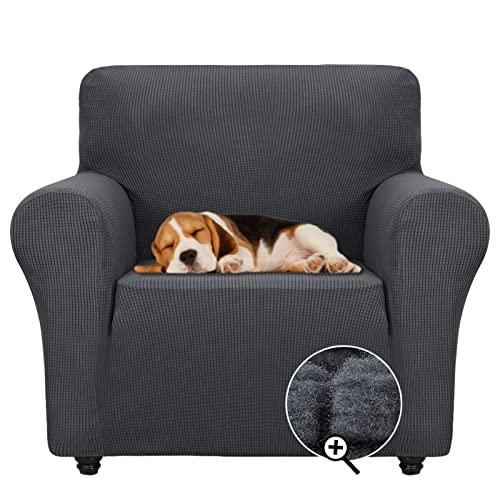 Super Stretch Chair Slipcover Universal Sofa Chair Covers for Living Room Dogs Pet Furniture Protector Spandex Armchair Slipcovers with Anti Slip Foam Sticks (Dark Grey / Small (30"-47"))