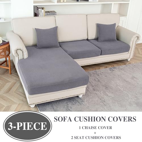 Couch Cushion Covers for Sectional Sofa L Shape Washable Separate Seat Chaise Couch Cover Stretch Sofa Slipcovers with 2 Pcs Pillowcases (Light Grey / Seat Only: 2 Seat + 1 Chaise)