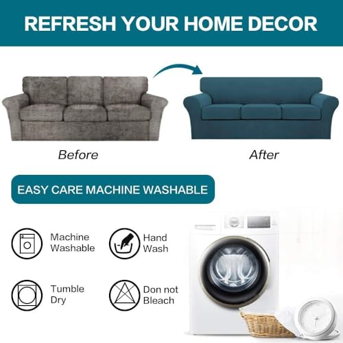 4 Piece Sofa Covers for 3 Cushion Couch Sofa Slipcover Soft Couch Cover for Dogs Washable Furniture Cover with 3 Individual Large Cushion Covers Feature Fabric (L Sofa (3 Cushion) / Deep Teal)