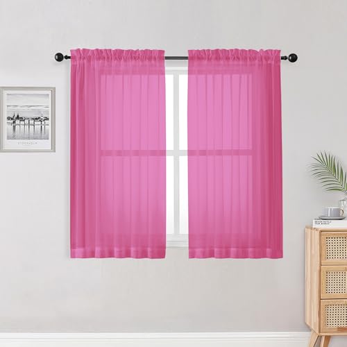 Hot Pink Kitchen Sheer Curtains for Bedroom Living Room 45 Inch Length (Hot Pink / 42"W x 45"L (Pack of 2))