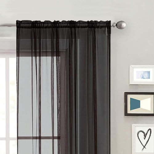 Black Sheer Curtains 4 Panels Rod Pocket Semi (Black / 52"W x 96"L (Pack of 4))