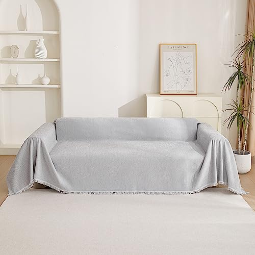 Chenille Sofa Cover for Dogs Cats Light Gery Couch Cover with Tassel Edge Farmhouse Furniture Protectors for Pets Thick Durable Sectional Couch Covers for 2 Cushion Couch (71" x 102" / Tassels Edge-light Grey)