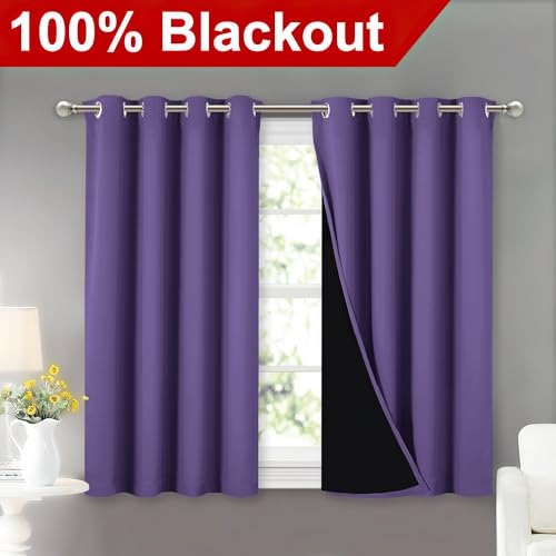 100% Blackout Curtains with Black Liners (Lilac Purple / 52"W x 45"L (Pack of 2))