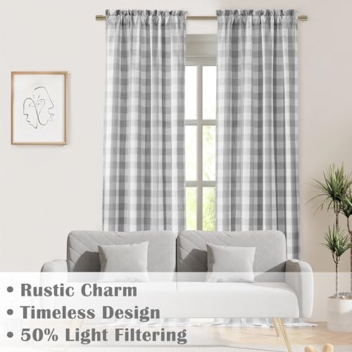 Buffalo Plaid Checkered Grey White Window Curtain Panels 84 Inches Length (Gray/White / 40"W x 84"L (Pack of 2))