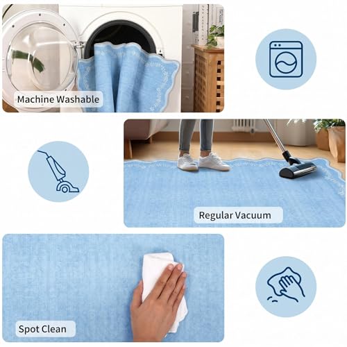 2x6 Scalloped Washable Runner Rug Non Slip Hallway Kitchen Rug (Baby Blue / 2' x 6' (Rectangular))