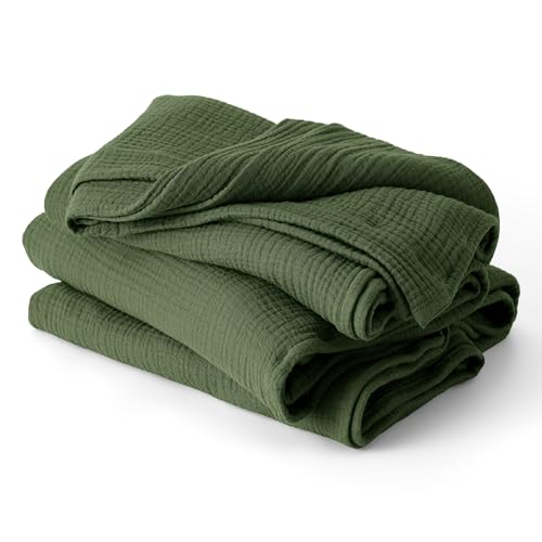 100% Cotton Muslin Blanket Queen Size for Bed (01 - Green / Queen (90" X 90"))