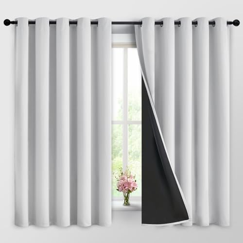 Greyish White 100% Blackout Curtains 63 Inches Long (62"W x 63"L (Pack of 2) / Greyish White)