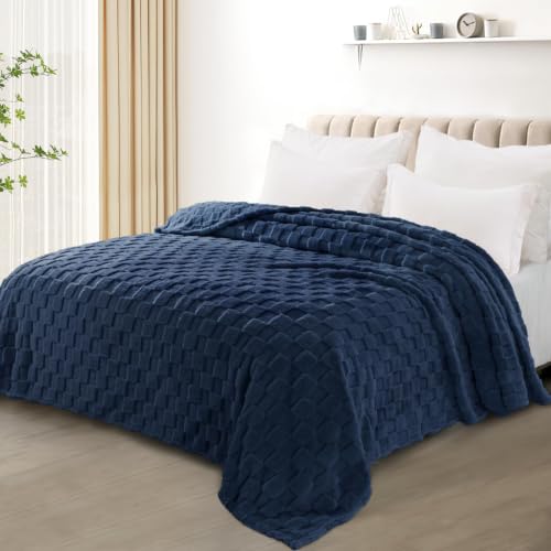 3D Checkered Fleece Twin Blanket for Bed (Navy Blue / Twin (60"x80"))