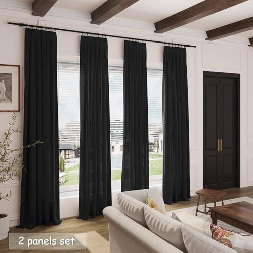 Black Linen Curtains 90 Inches Long for Living Room Back Tab and Rod Pocket Semi Sheer Privacy Curtains Simple Modern Cotton Textured Curtain for Bedroom 70x90 (70"W x 90"L (Pack of 2) / Black)