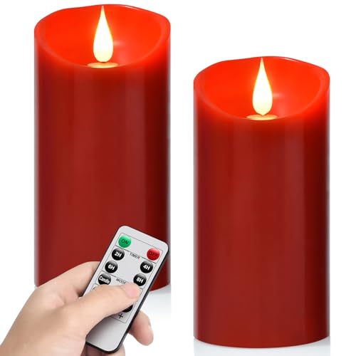 Flameless Battery Operated LED Candles 3D Wick Remote Control 24 (D3"xH6" - 2pack / Red-warm light)