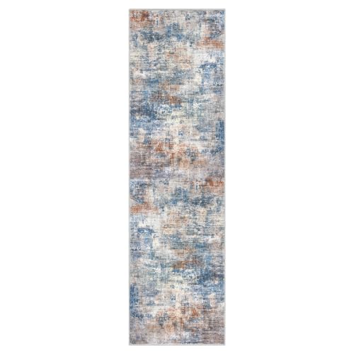 Abstract Runner Rug 2x7 Ft Washable Runners for Hallways (Blue/Rust/White / 2' x 7' (Rectangular))