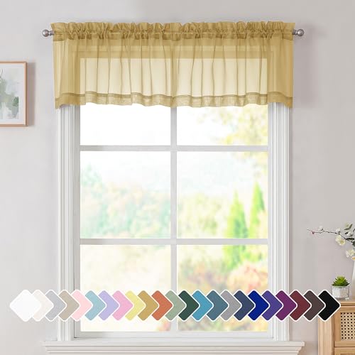 Gold Sheer Valances 14 Inches Long for Living Room Pocket 2 Panel Light Filtering Sheer Translucent Valence Toppers for Window Kitchen Bathroom Bedroom Ivory 42x14 Inch Length (Gold / 42"W x 14"L (Pack of 2))