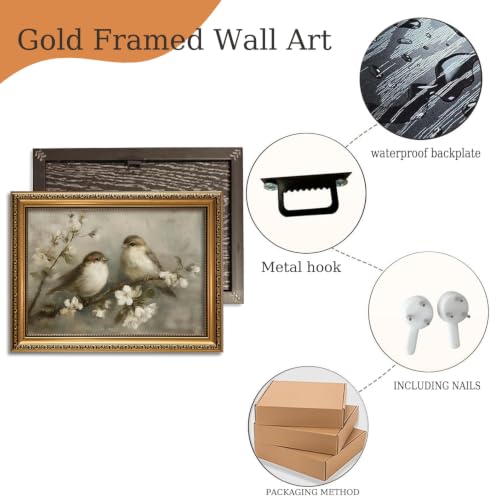 Gold Framed Wall Art Bird Wall Decor Pictures Vintage Prints 16x24in (Sparrow / 24"L x 16"W)