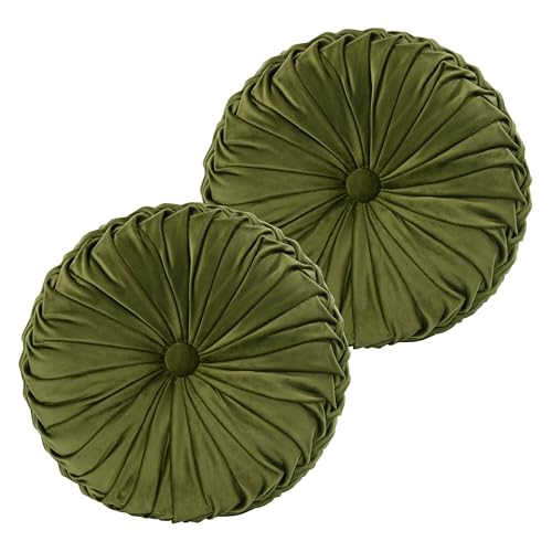 Set of 2 Olive Velvet Decorative Round Pleated Throw Pillows (Olive)