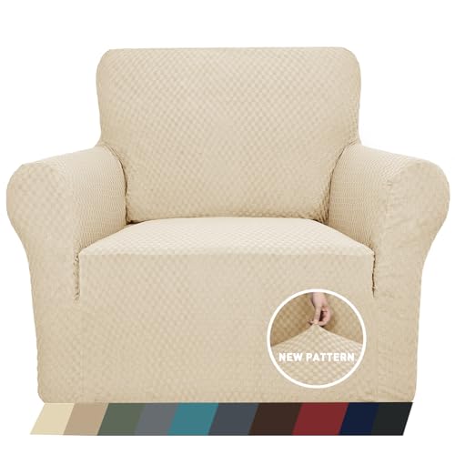1 Piece Jacquard Chair Slipcovers for Living Room High Stretch Chair Covers with Arms Anti Slip Pets Friendly Couch Sofa Armchair Cover Furniture Protector (Small (31"-46") / Light Beige)