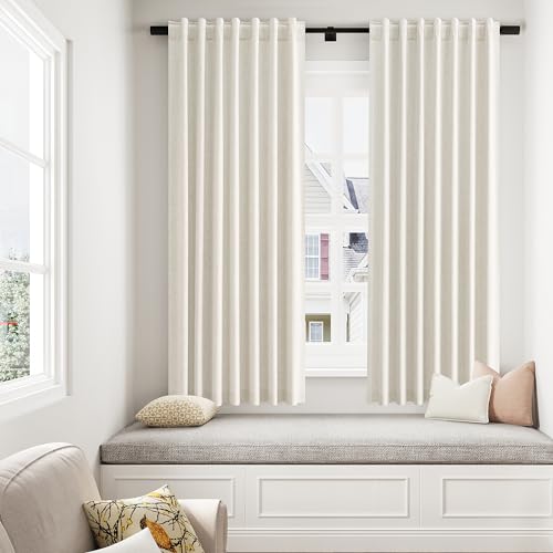 100% Blackout Linen Curtains for Bedroom 63 Inches Long Natural Cream Black Out Curtain Back Tab Thermal Insulated Room Darkening Window Drapes for Living Room 2 Panels Beige Ivory 52x63 (Cream / 52"W x 63"L (Pack of 2))