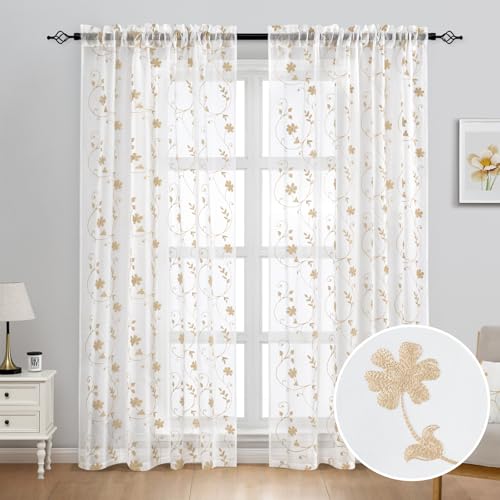 Yellow Sheer Curtains 96 Inches Long 2 Panels Yellow and White Embroidered Floral Pattern Semi Sheer Window Curtains for Bedroom Living Room (52"W x 96"L (Pack of 2) / White & Yellow)