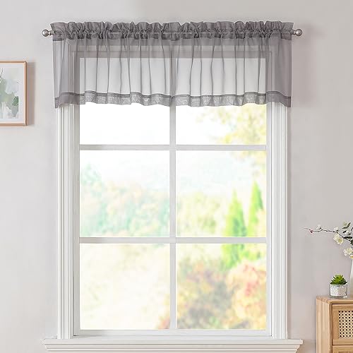 Grey Valances 14 Inches Long for Living Room Pocket 2 Panel Light Filtering Sheer Translucent Valence Toppers for Window Kitchen Bathroom Bedroom 42x14 Inch Length (Charcoal Grey / 42"W x 14"L (Pack of 2))