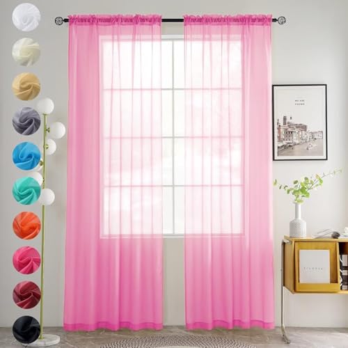 Solid Sheer Rod Pocket Curtain Voile Draperies 2 Panels White Beige Black Grey Ivory 60 Inch Width 72 Inch Long 1 Pair for Kitchen Bedroom Children Living Room Yard (Pink / 60"W x 72"L (Pack of 2))