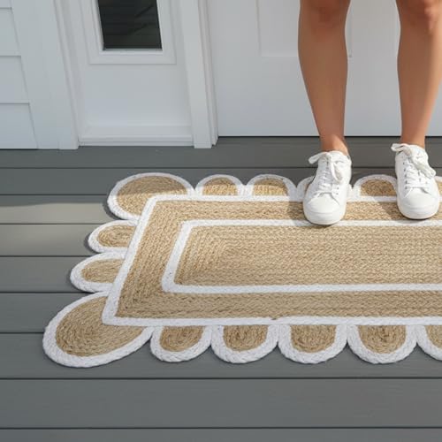 Scalloped Natural Jute Area Rug Handwoven Boho Farmhouse Rug for Living Room (White / 2' x 12' (Runner))