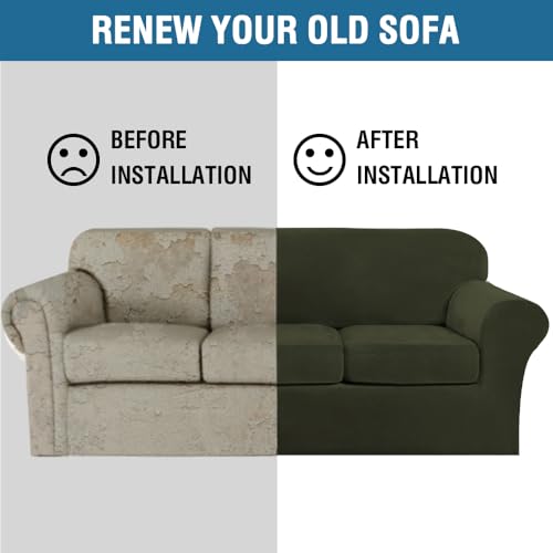 High Stretch Sofa Slipcover 4 Piece Cover Velvet Furniture Protector Form Fit Thick Velvet Extra Large Sofa Cover for 3 Cushion Couch Width Up to 97 Inch (3 Cushion Large Sofa / Olive)