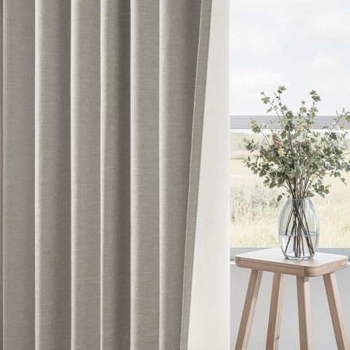 100% Blackout Grey Linen 96 Inch Length Curtains for Living Room 100% Blackout Pleated Drapes Noise Reducing Thermal Insulated Curtain Panels for Bedroom 2 Panels Flax Grey (Flax Grey / 52"W x 96"L (Pack of 2))