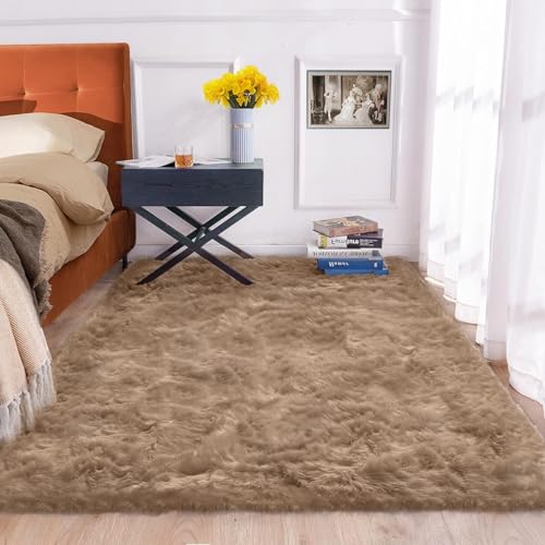Beige 5x7 Area Rug Washable Shaggy Faux Sheepskin Fluffy Fur Rug for Bedroom Living Room Nursery Rug Teen Room Home Décor (5' x 7' (Rectangular) / Beige)