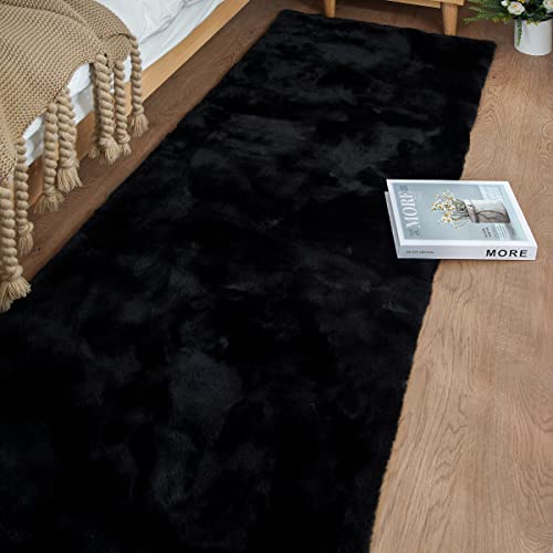 Black Shag Faux Rabbit Fluffy Fur Rugs for Bedroom Machine Washable Runner Rugs for Living Room 2x8 Runner Rug Nursery Rug (2' x 8' (Runner) / Black)