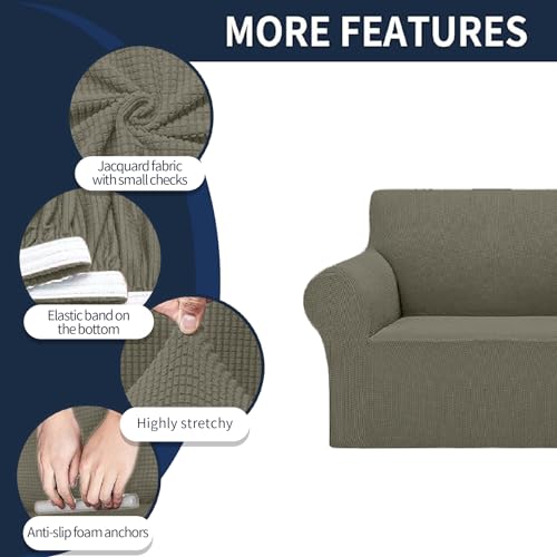 2026 New Stretch Chair Sofa Slipcovers Couch Cover for 1 Seater Furniture Protector Sofa Covers with Elastic Bottom Jacquard Fabric Small Checks for Pets (Khaki / Chair)